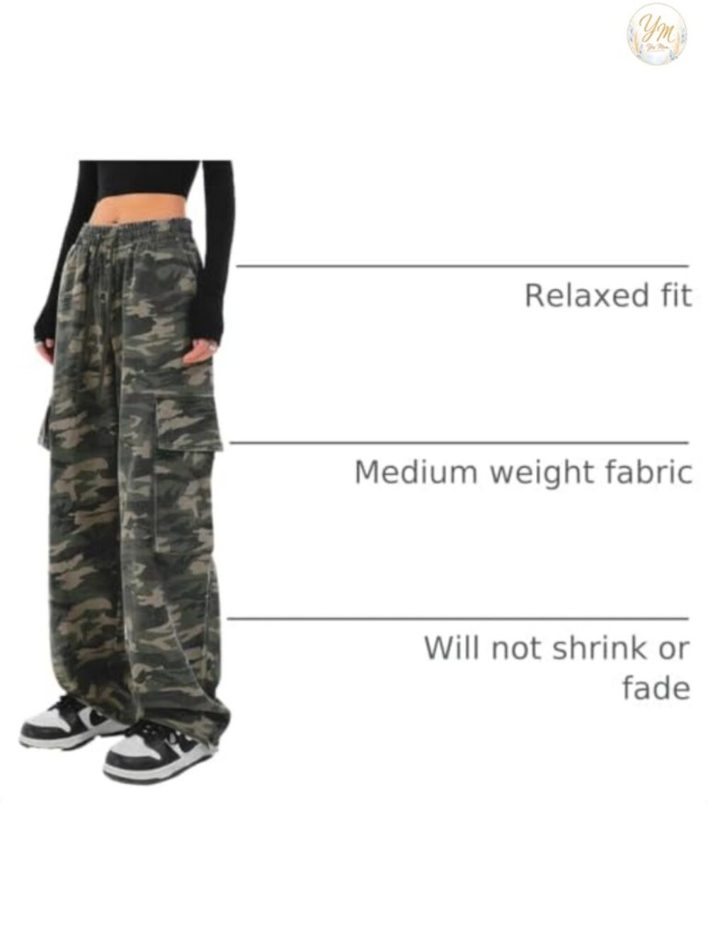 Wide Leg Cargo Pants Women Y2K Drawstring High Waisted 100% Cotton - Picture 3 of 3